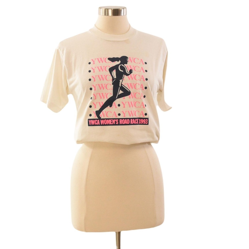 90s Vintage Road Race Cropped T Shirt S M Screen Stars Neon Pink White YWCA Top